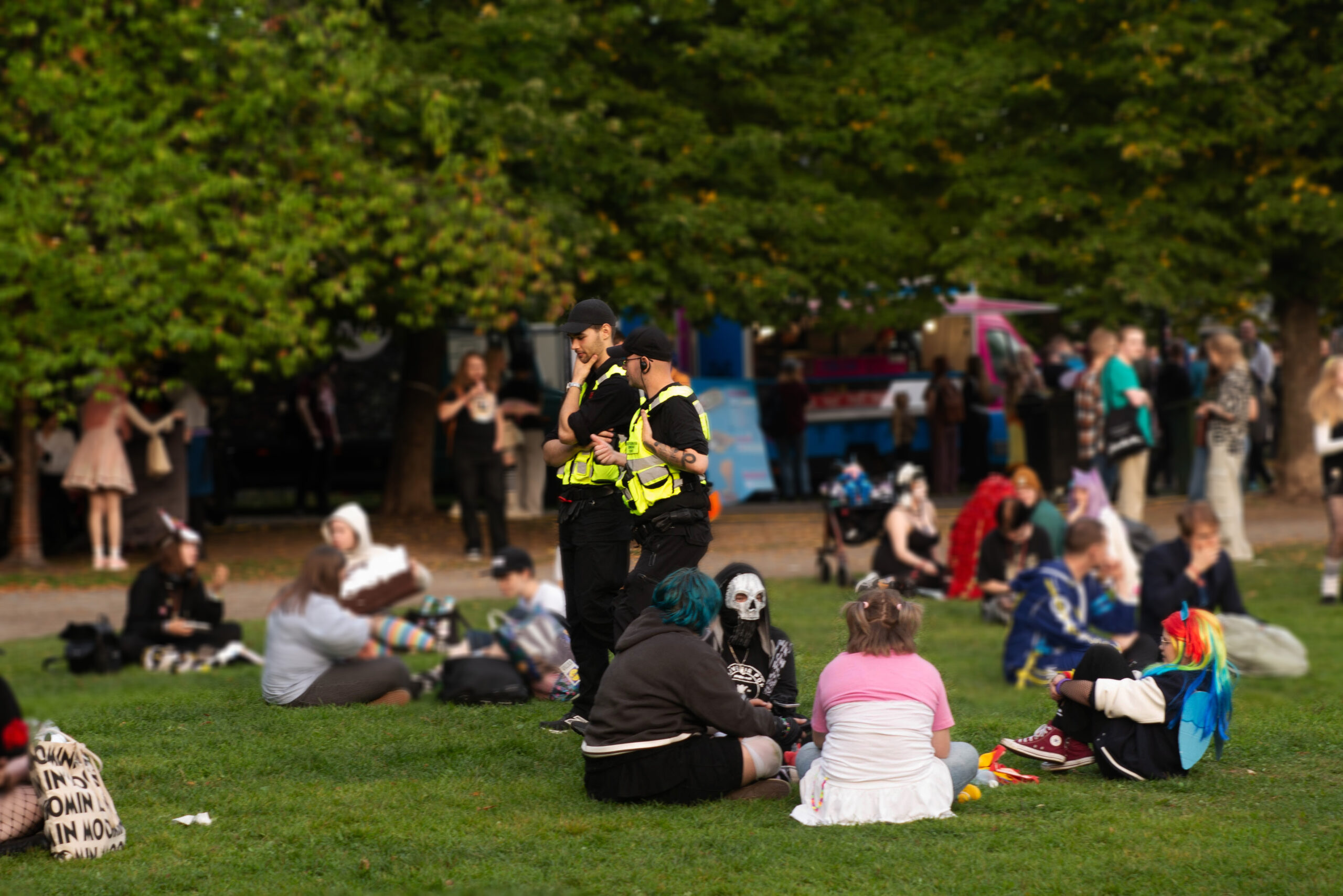 Two security stewards walking among visitors in the park.